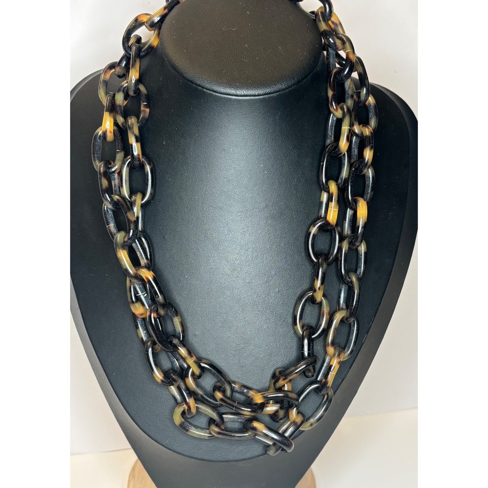 Vintage Faux Tortoise Shell Lucite Chain Link Necklace 40" Long Continuous Loop